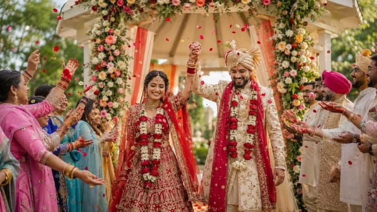 Indian couple celebrating with flower petals after wedding